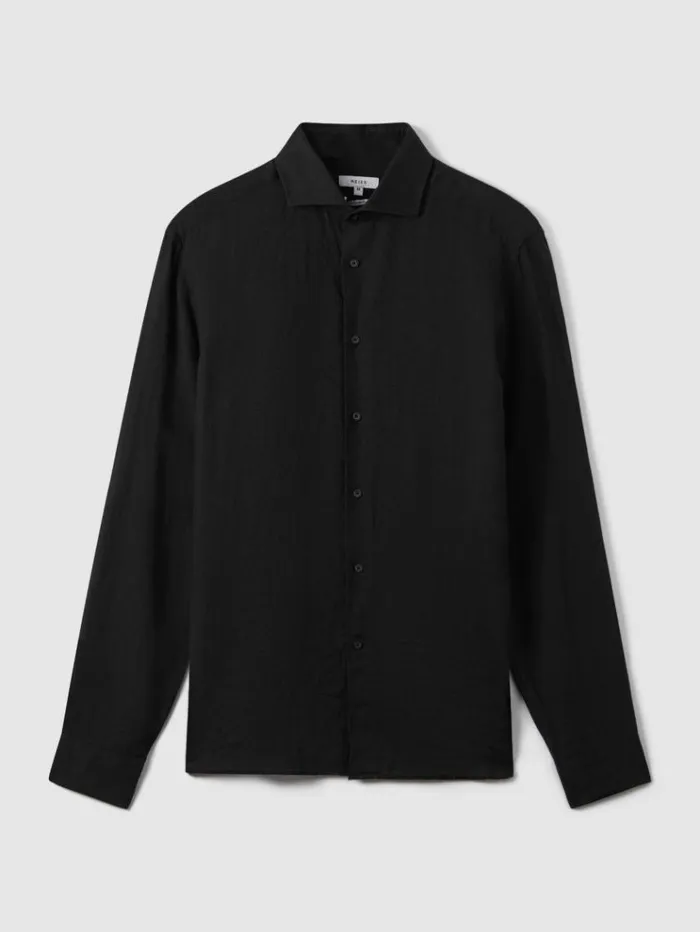 REISS Shirts Men Linen Button Through Shirt Black
