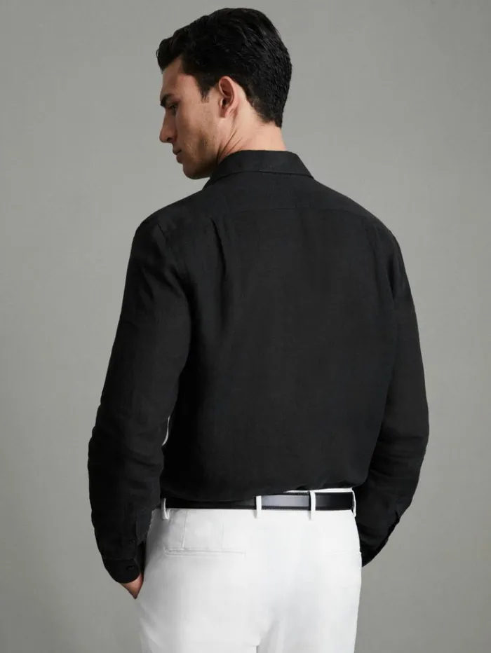 REISS Shirts Men Linen Button Through Shirt Black