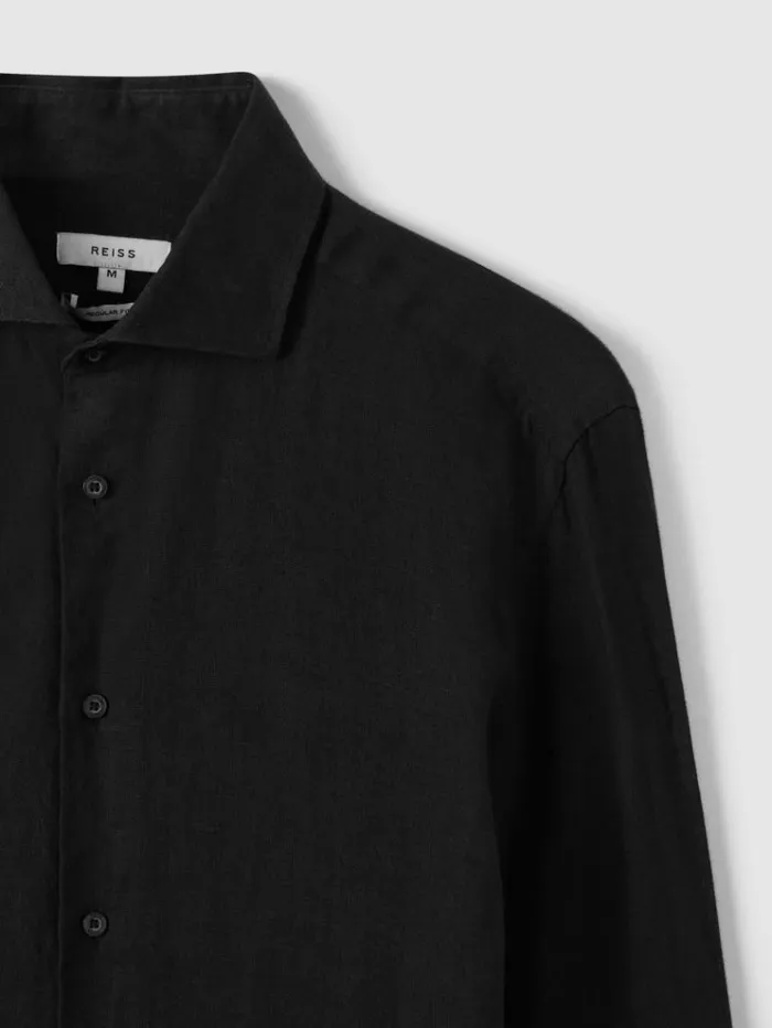 REISS Shirts Men Linen Button Through Shirt Black