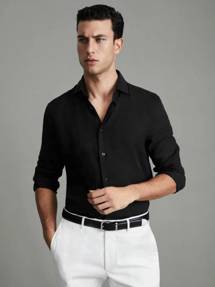 REISS Shirts Men Linen Button Through Shirt Black