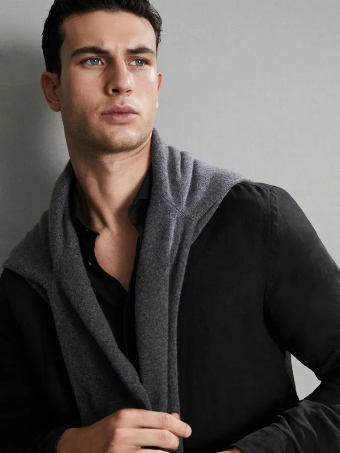 REISS Shirts Men Linen Button Through Shirt Black