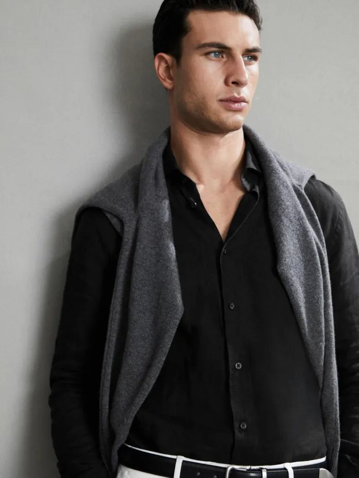 REISS Shirts Men Linen Button Through Shirt Black