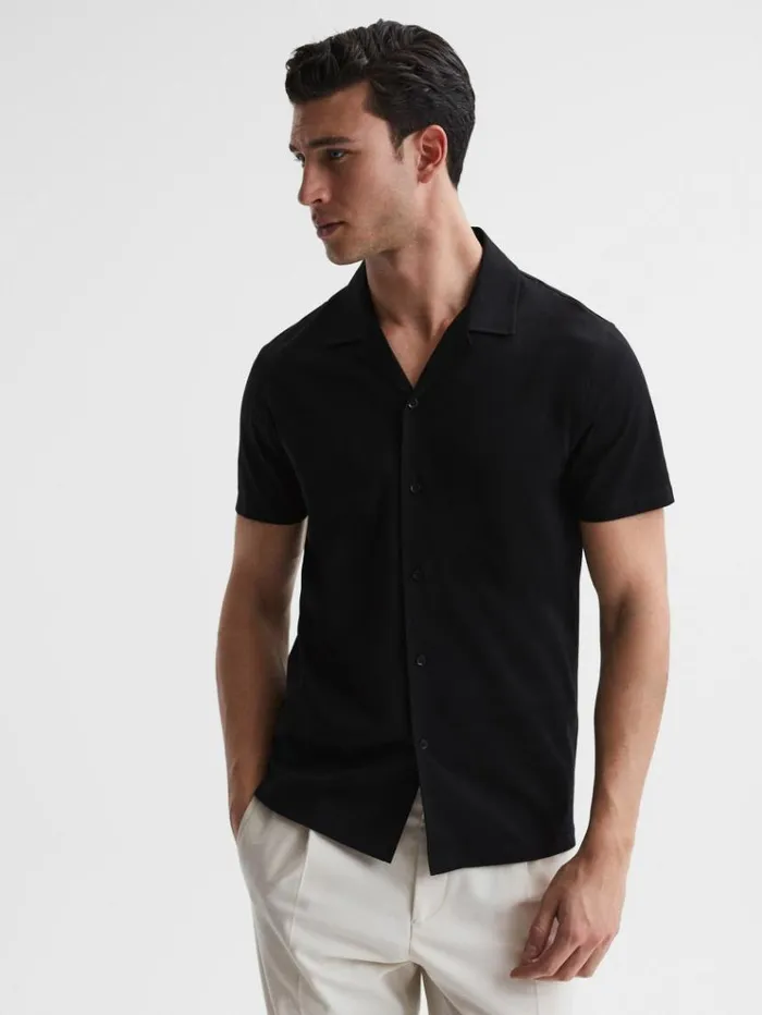 REISS Shirts Men Mercerised Jersey Cuban Collar Shirt Black