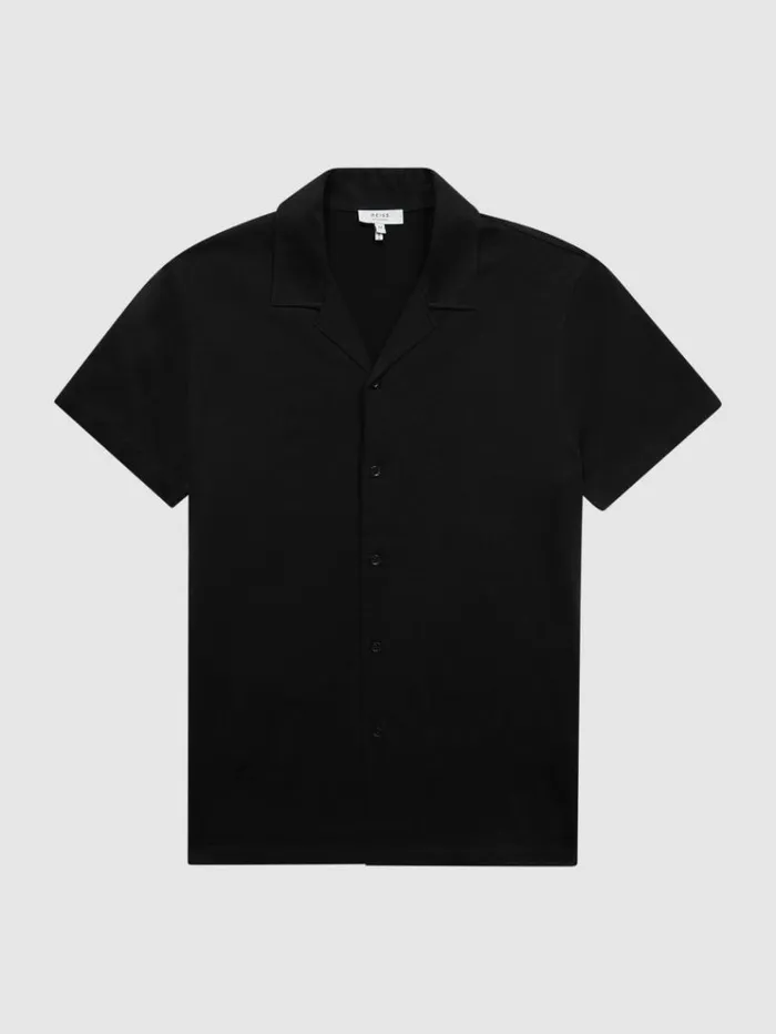 REISS Shirts Men Mercerised Jersey Cuban Collar Shirt Black