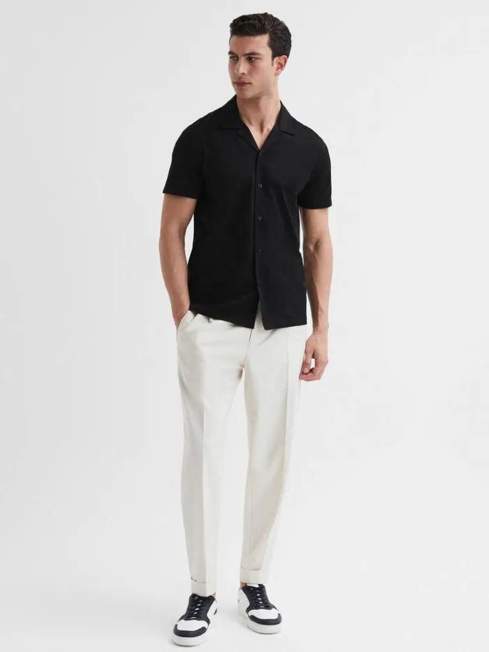 REISS Shirts Men Mercerised Jersey Cuban Collar Shirt Black