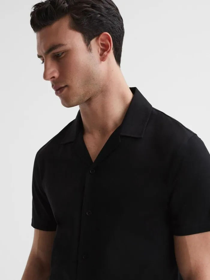 REISS Shirts Men Mercerised Jersey Cuban Collar Shirt Black