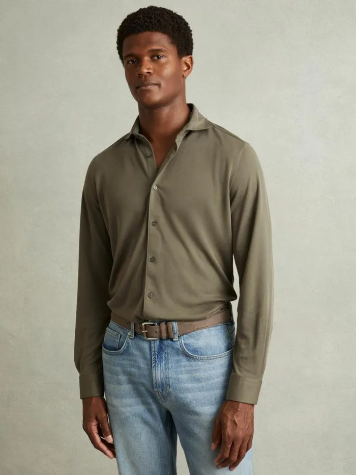 REISS Shirts Men Modal Blend Cutaway Collar Shirt Khaki