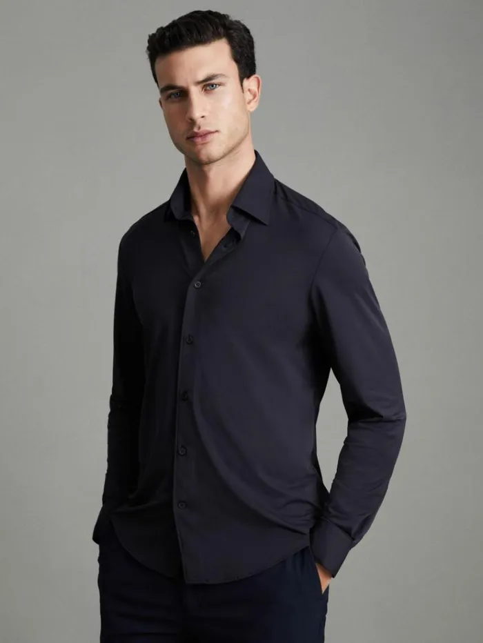 REISS Shirts Men Slim Fit ButtonThrough Travel Shirt Navy