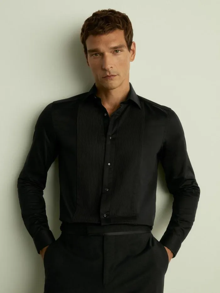 REISS Shirts Men Slim Fit Cotton Marcella Tuxedo Shirt Black