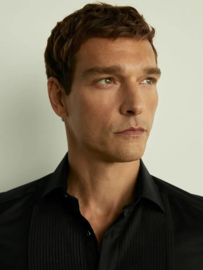 REISS Shirts Men Slim Fit Cotton Marcella Tuxedo Shirt Black REISS Shirts Men Slim Fit Cotton Marcella Tuxedo Shirt Black