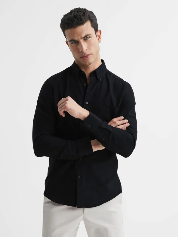 REISS Shirts Men Slim Fit Cotton Oxford Shirt Black