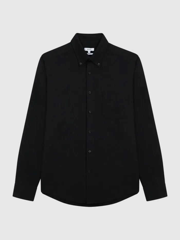 REISS Shirts Men Slim Fit Cotton Oxford Shirt Black
