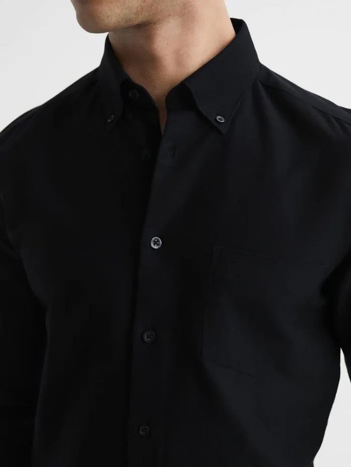 REISS Shirts Men Slim Fit Cotton Oxford Shirt Black