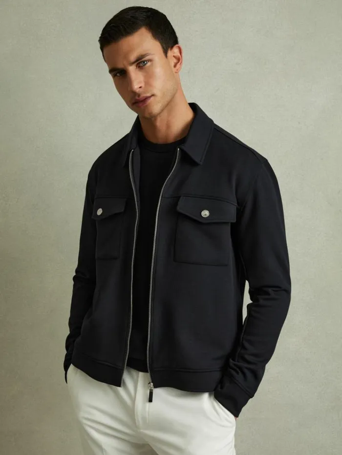 REISS Shirts Men Zipped InterlockJersey Overshirt Navy Blue