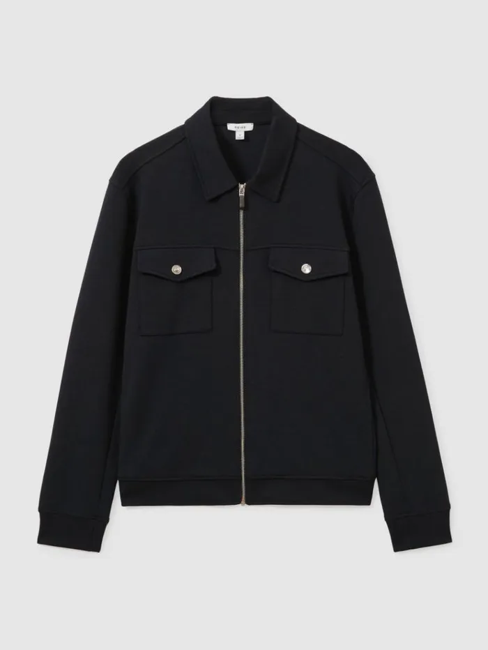 REISS Shirts Men Zipped InterlockJersey Overshirt Navy Blue