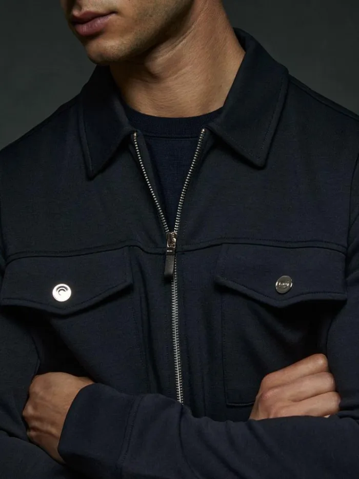 REISS Shirts Men Zipped InterlockJersey Overshirt Navy Blue