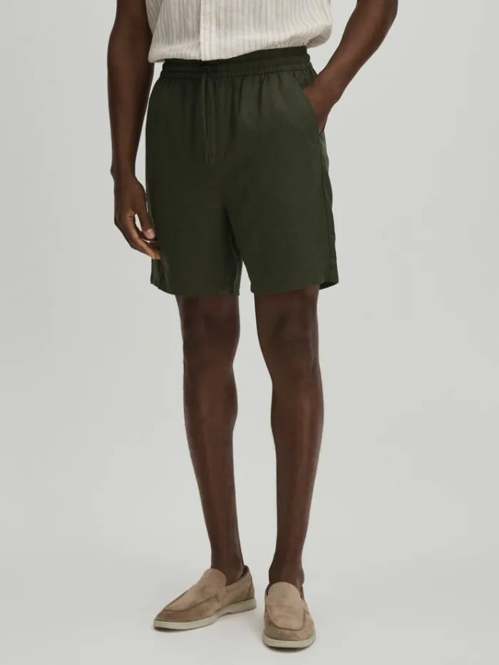 REISS Shorts Men Les Deux Forest Green Linen Blend Drawstring Shorts Forest Green
