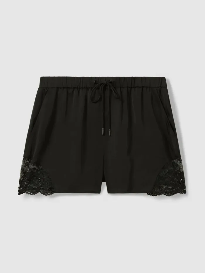 REISS Shorts Women Viscose Satin Lace Trim Shorts Black