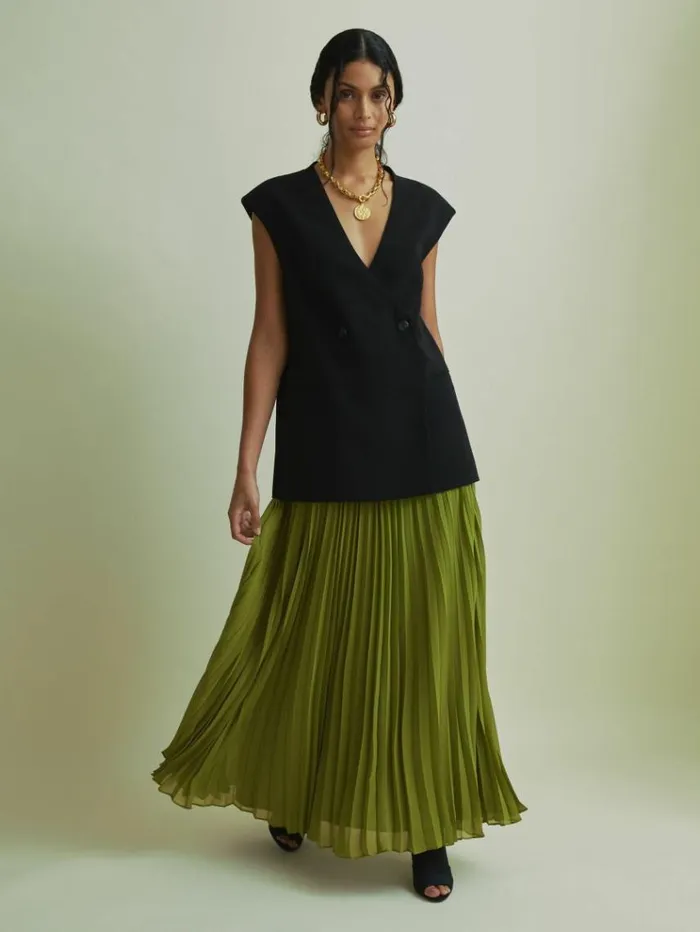 REISS Skirts Women Florere Pleated Maxi Skirt Khaki
