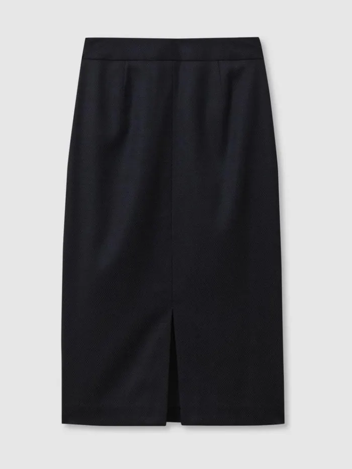 REISS Skirts Women Textured Pencil Midi Suit Skirt Navy