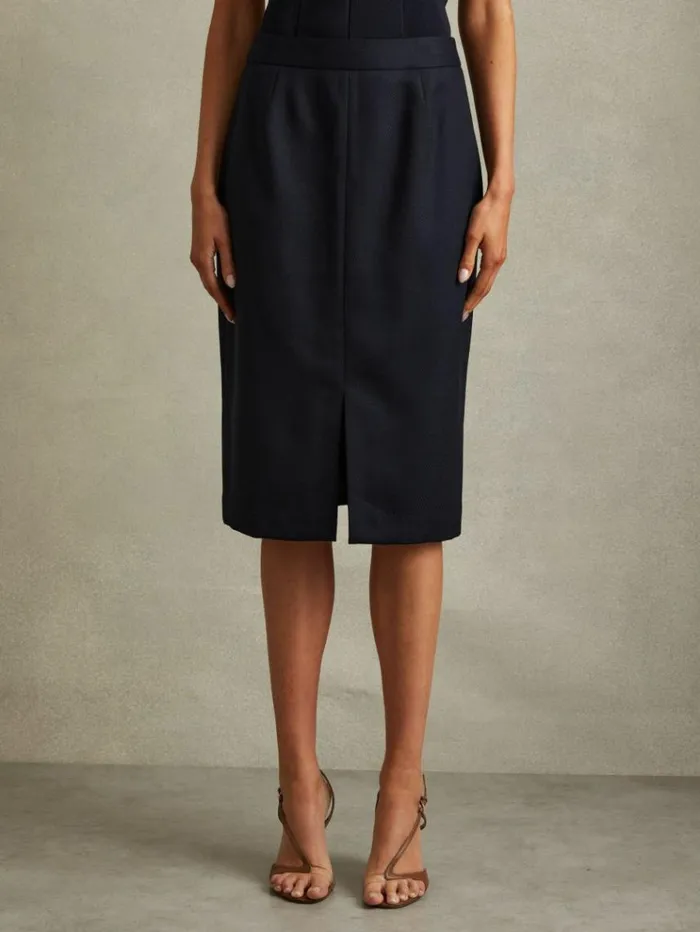 REISS Skirts Women Textured Pencil Midi Suit Skirt Navy