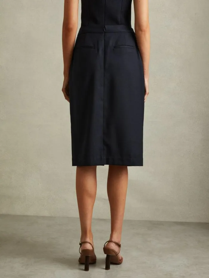 REISS Skirts Women Textured Pencil Midi Suit Skirt Navy