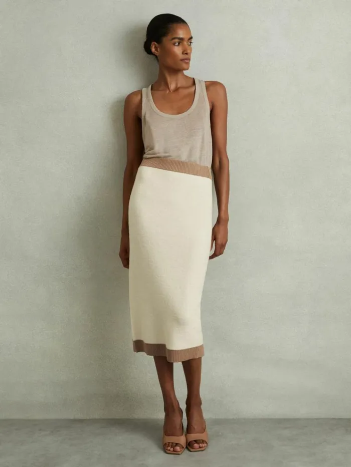 REISS Skirts Women Wool Midi Pencil Skirt Creamcamel