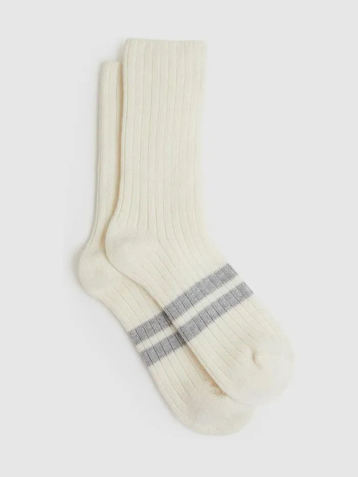 REISS Socks Women Wool Blend Ribbed Crew Socks Ivory