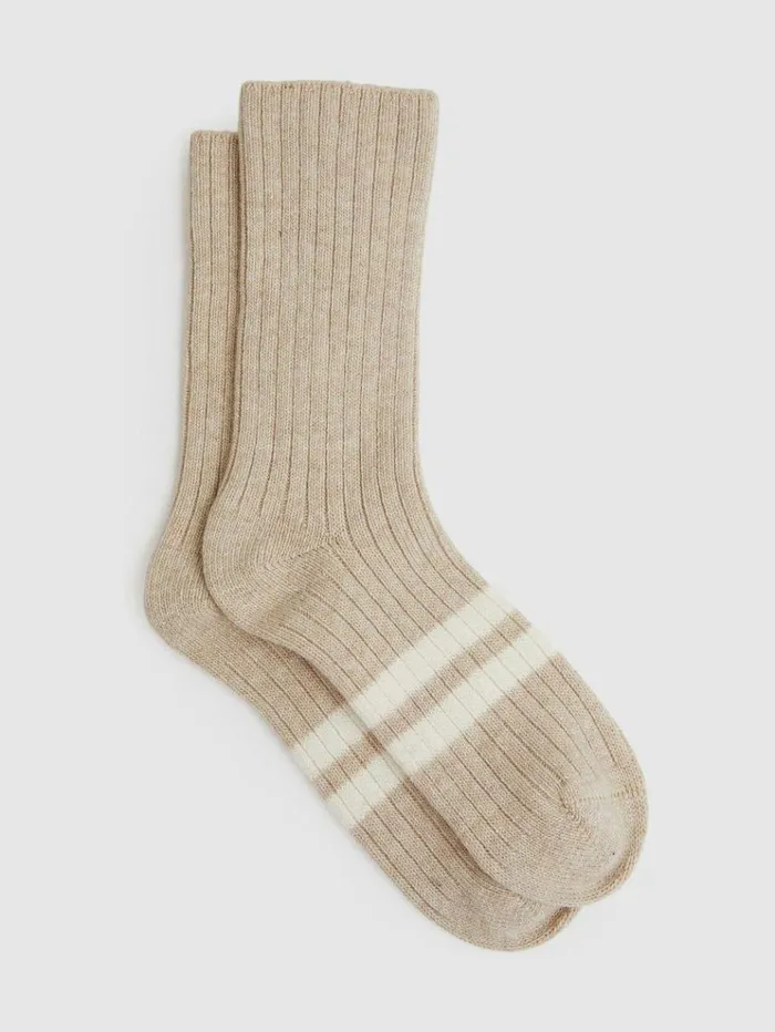 REISS Socks Women Wool Blend Ribbed Crew Socks Oatmeal