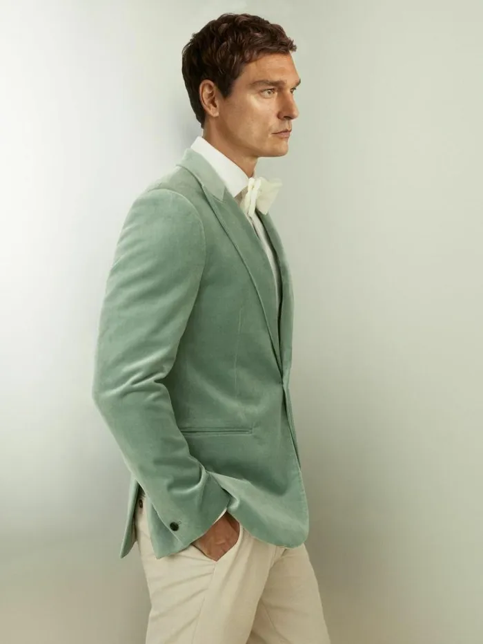 REISS Suits and Tailoring Men Cotton Blend Velvet Blazer Mint Green