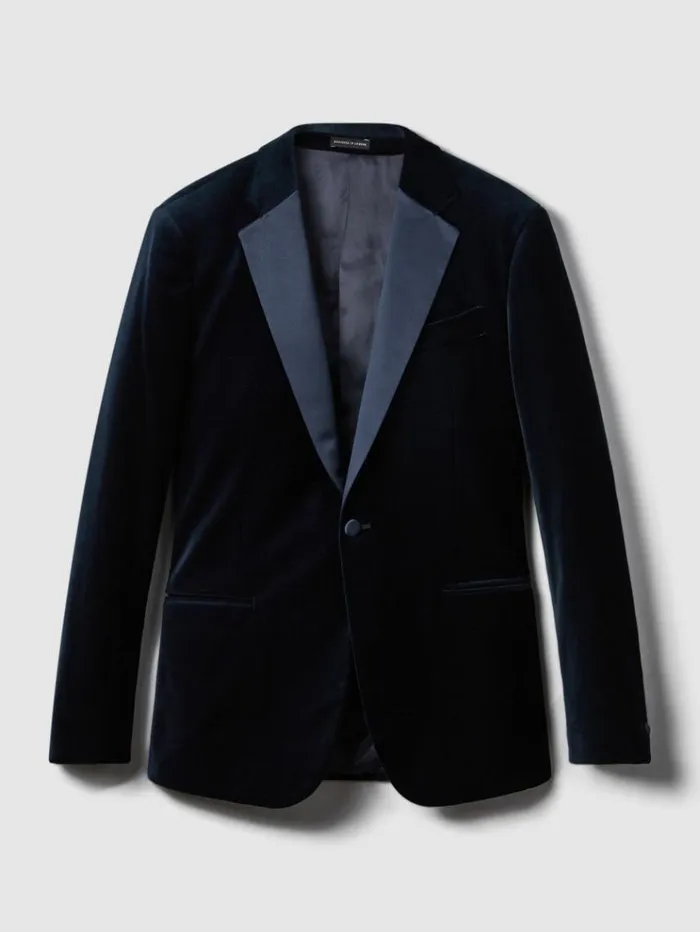 REISS Suits and Tailoring Men Modern Fit Velvet Single Breasted Tuxedo Jacket Navy