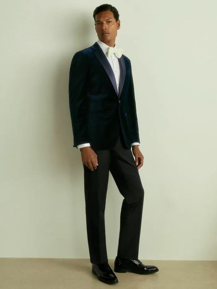 REISS Suits and Tailoring Men Modern Fit Velvet Single Breasted Tuxedo Jacket Navy