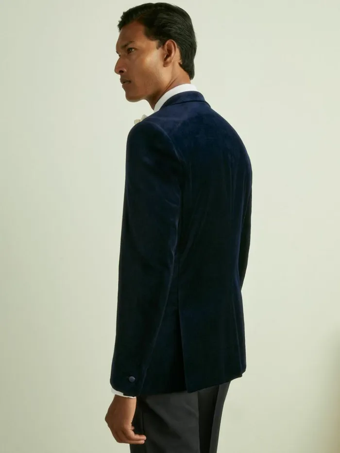 REISS Suits and Tailoring Men Modern Fit Velvet Single Breasted Tuxedo Jacket Navy