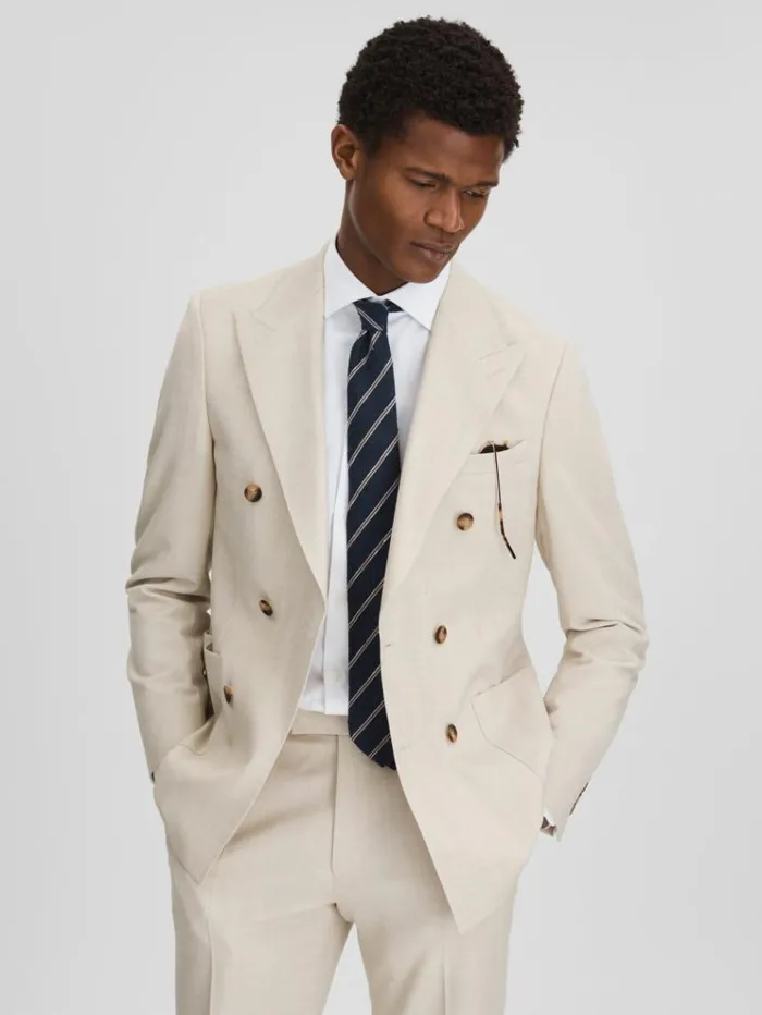 REISS Suits and Tailoring Men Slim Fit Double Breasted Blazer Stone