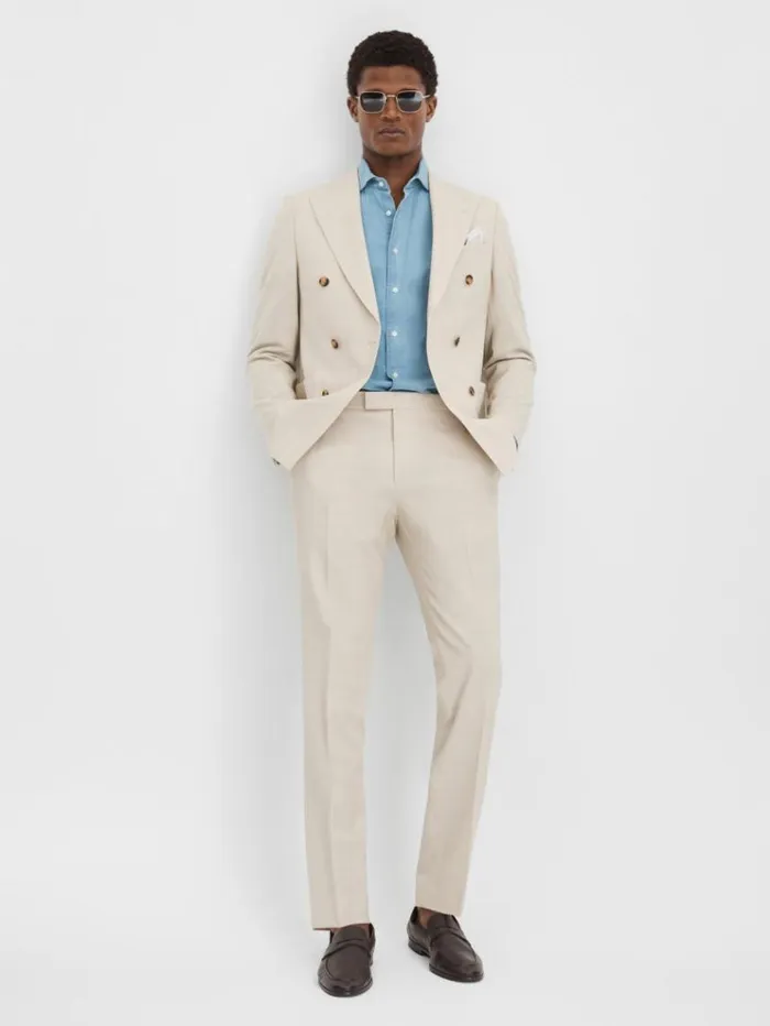 REISS Suits and Tailoring Men Slim Fit Double Breasted Blazer Stone