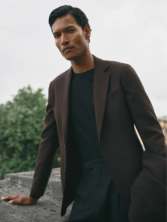 REISS Suits and Tailoring Men Slim Fit Textured Wool Blend Single Breasted Blazer Chocolate Brown