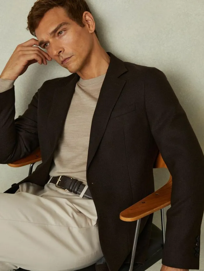REISS Suits and Tailoring Men Slim Fit Textured Wool Blend Single Breasted Blazer Chocolate Brown