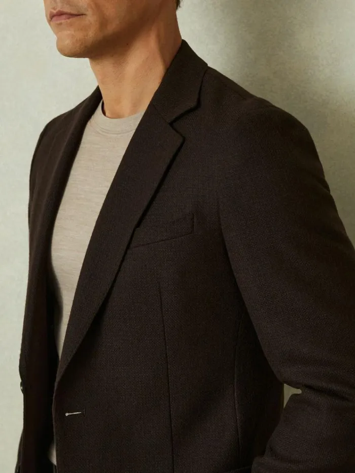 REISS Suits and Tailoring Men Slim Fit Textured Wool Blend Single Breasted Blazer Chocolate Brown
