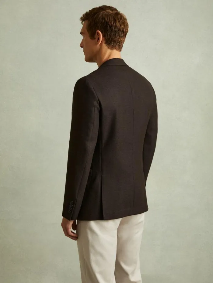 REISS Suits and Tailoring Men Slim Fit Textured Wool Blend Single Breasted Blazer Chocolate Brown