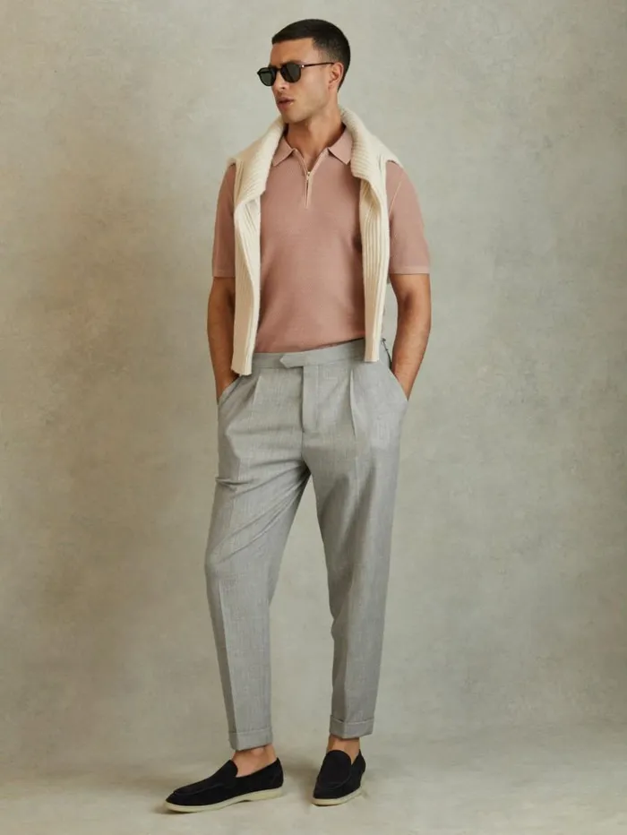REISS Suits and Tailoring Men Textured Side Adjuster Regular Fit Trousers With TurnUps Grey