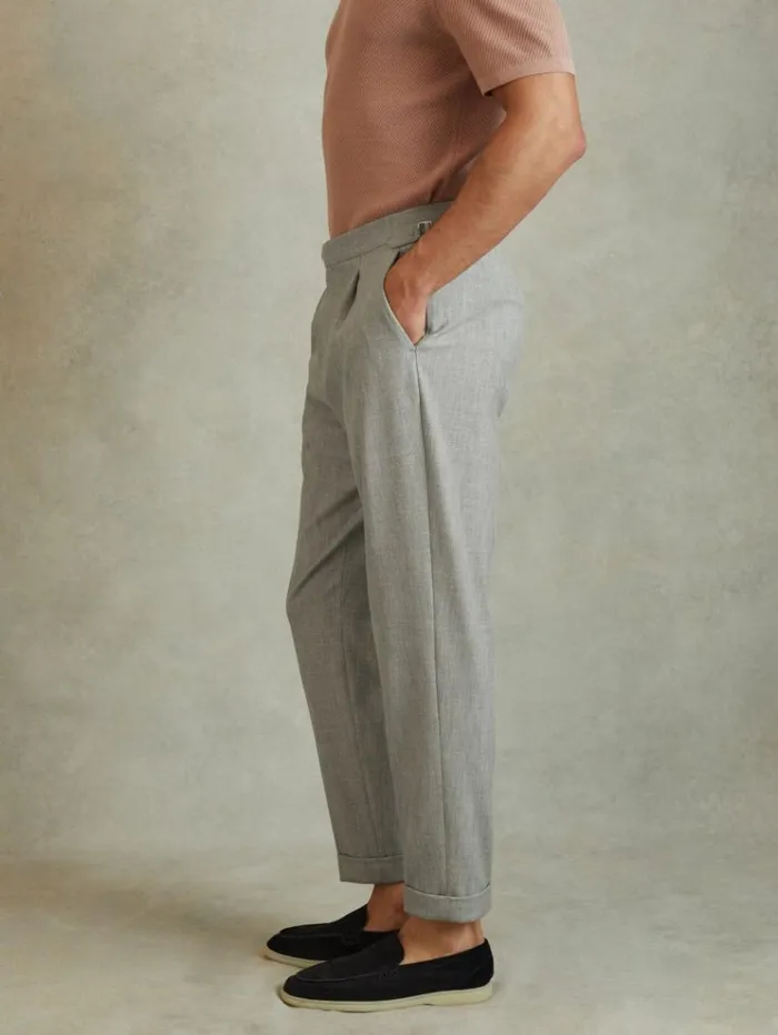 REISS Suits and Tailoring Men Textured Side Adjuster Regular Fit Trousers With TurnUps Grey