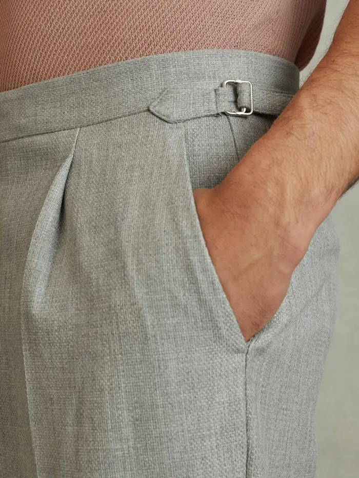 REISS Suits and Tailoring Men Textured Side Adjuster Regular Fit Trousers With TurnUps Grey