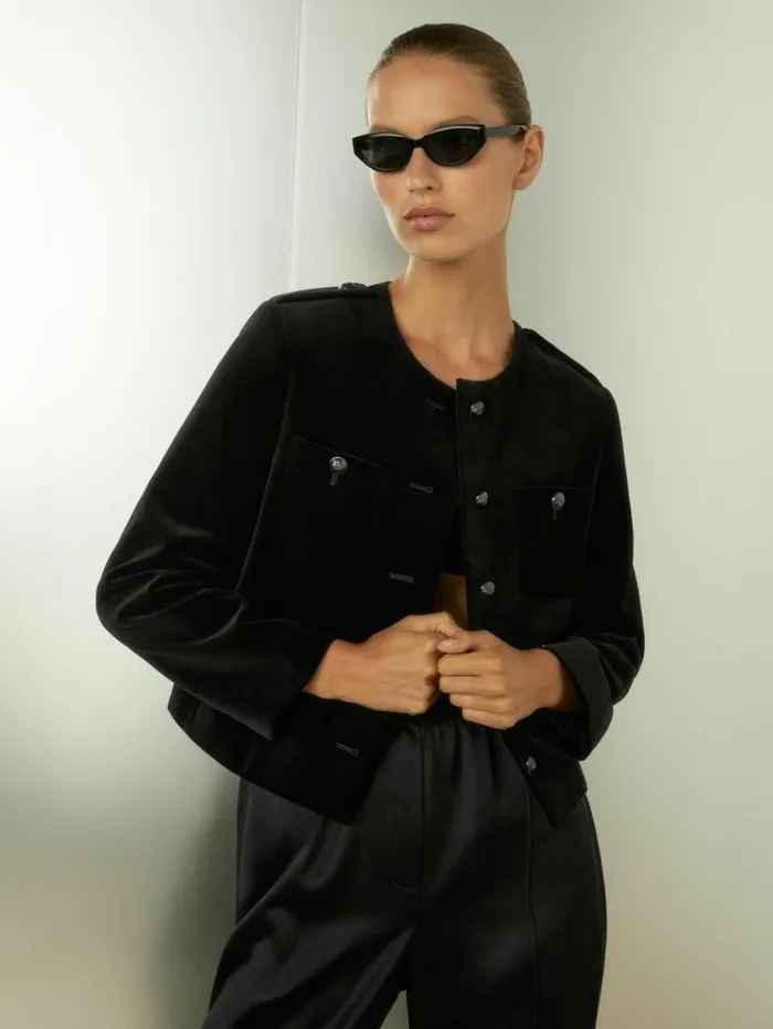 REISS Suits and Tailoring Women Cropped Velvet Jacket Black