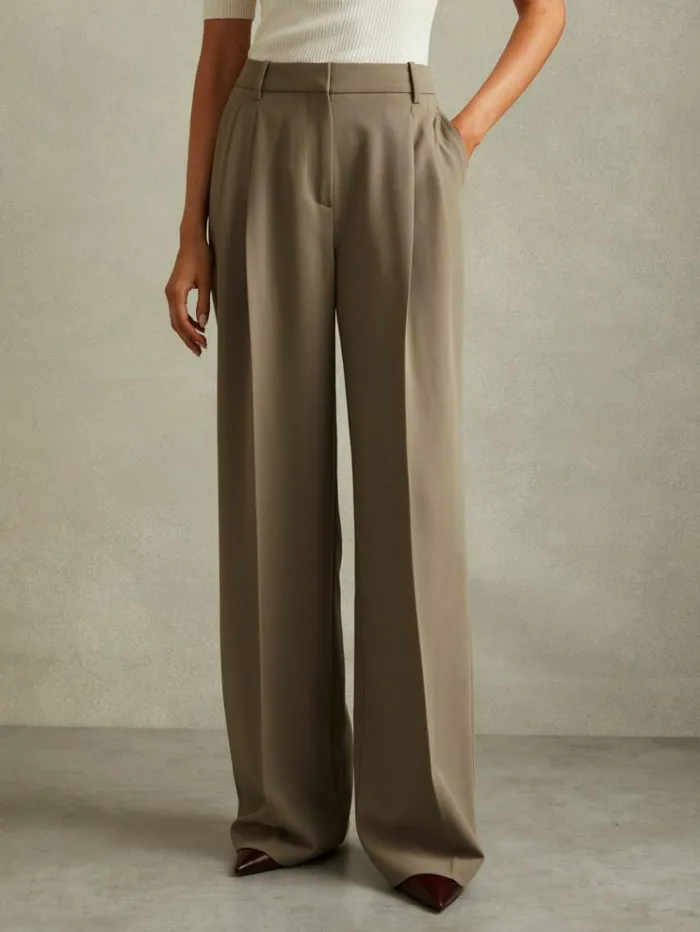 REISS Suits and Tailoring Women Wide Leg Front Pleat Suit Trousers Khaki