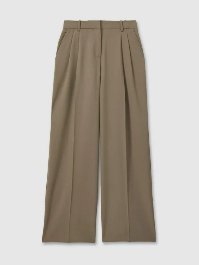 REISS Suits and Tailoring Women Wide Leg Front Pleat Suit Trousers Khaki