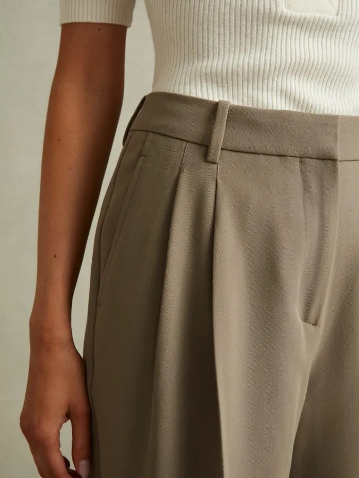 REISS Suits and Tailoring Women Wide Leg Front Pleat Suit Trousers Khaki