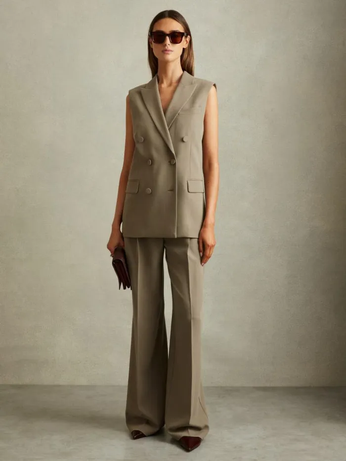 REISS Suits and Tailoring Women Wide Leg Front Pleat Suit Trousers Khaki