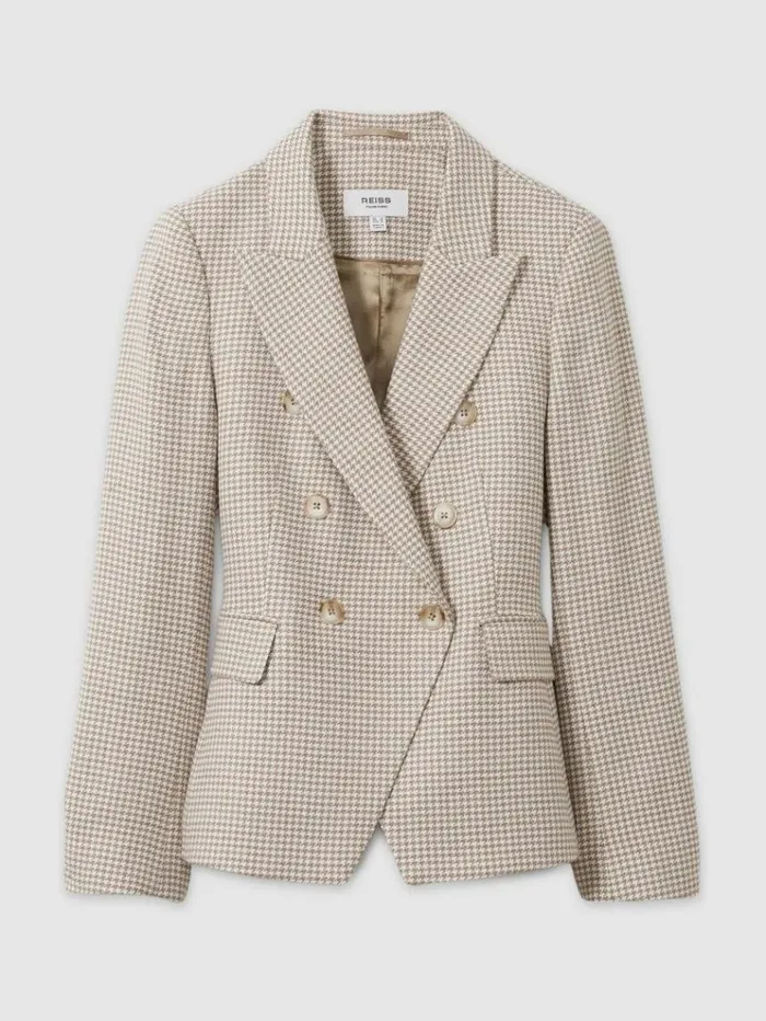 REISS Suits and Tailoring Women WoolBlend DoubleBreasted Dogtooth Blazer Beige Check