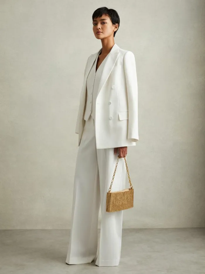 REISS Suits and Tailoring Women Wool Blend Wide Leg Tux Trousers White