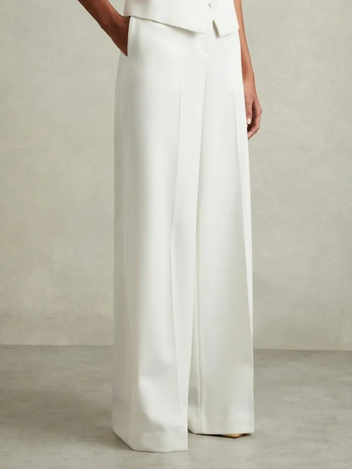 REISS Suits and Tailoring Women Wool Blend Wide Leg Tux Trousers White